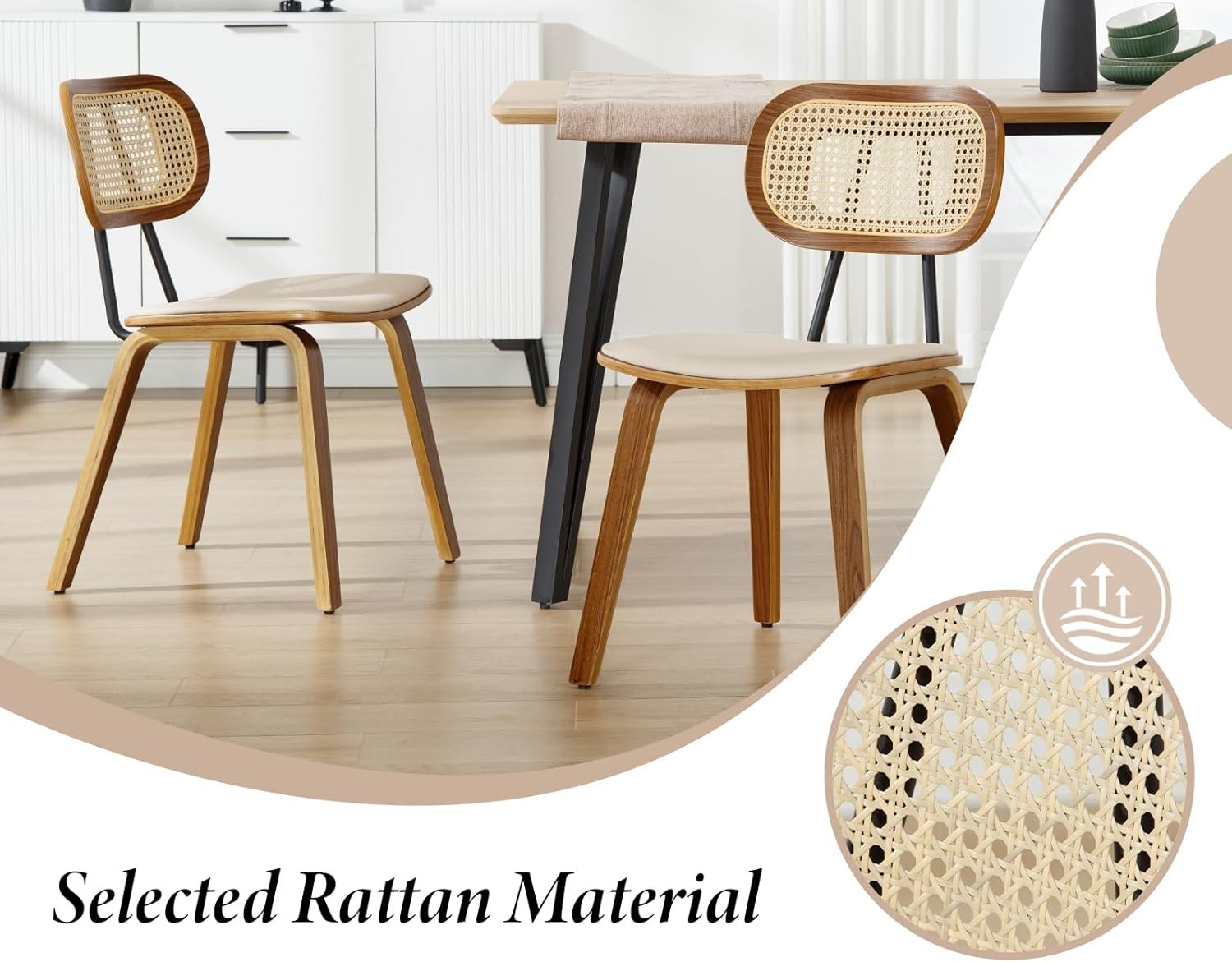 Rattan Dining Chairs Set of 2 Mid Century Wooden Legs Kitchen Dining Seats
