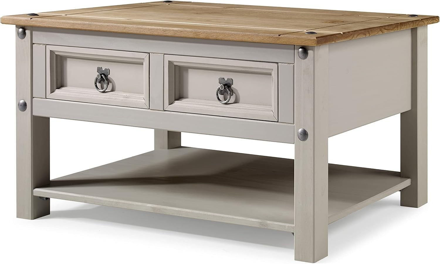 Grey Wax Coffee Table with 2 Drawers & Shelf – Solid Pine, Rustic Storage