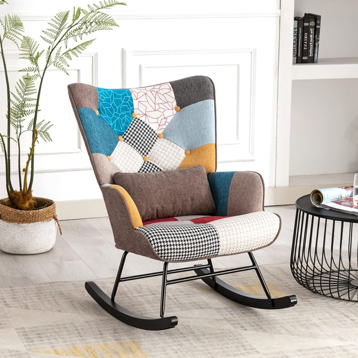 Patchwork Rocking Chair w/ Lumbar Support – Wood Legs, Quiet Glide 87cm