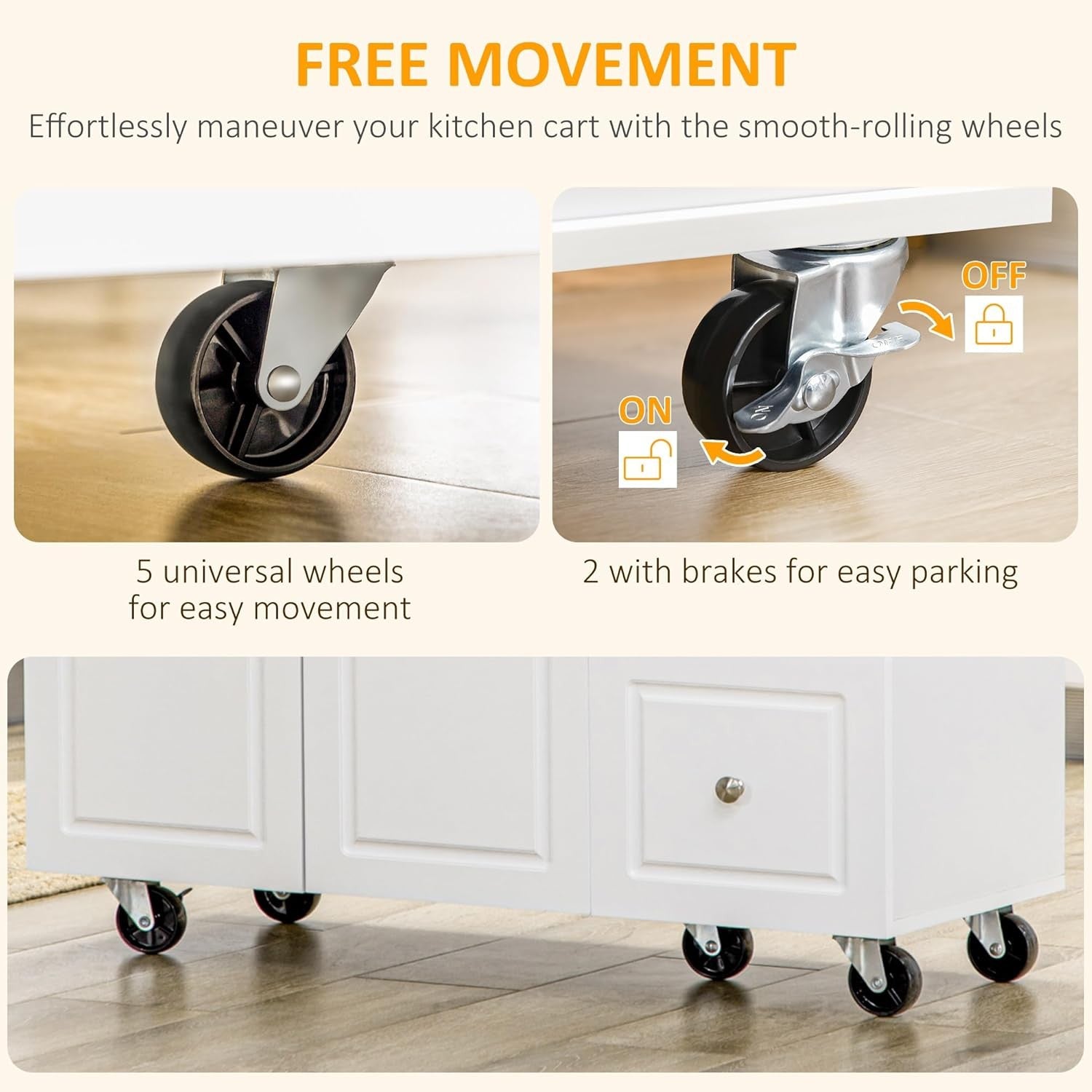 Kitchen Island on Wheels Drop Leaf Storage Cart with Drawers Wooden Top