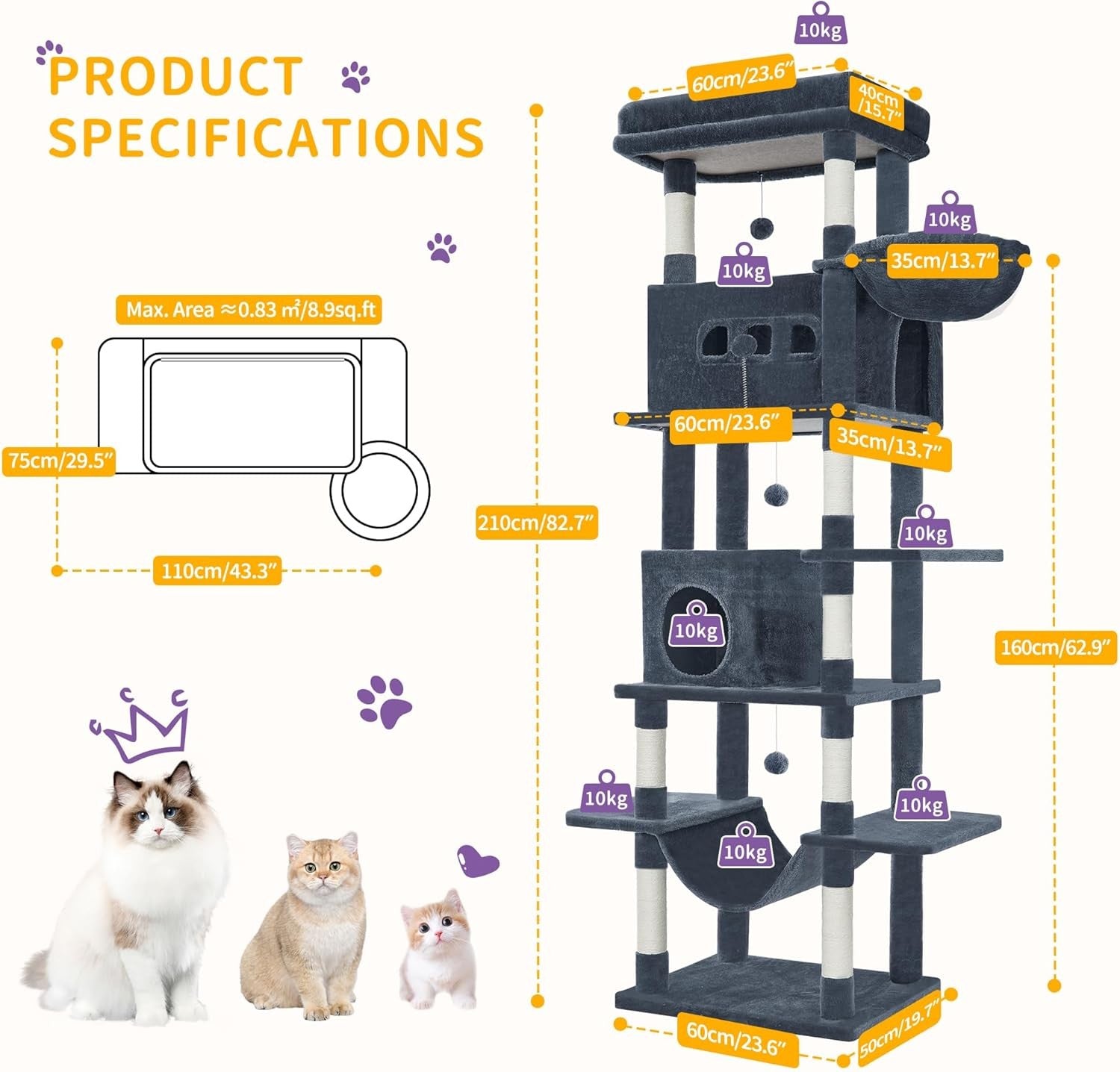 210cm Tall Cat Tree Tower Multi-Level Scratching Posts Condos Large Cats