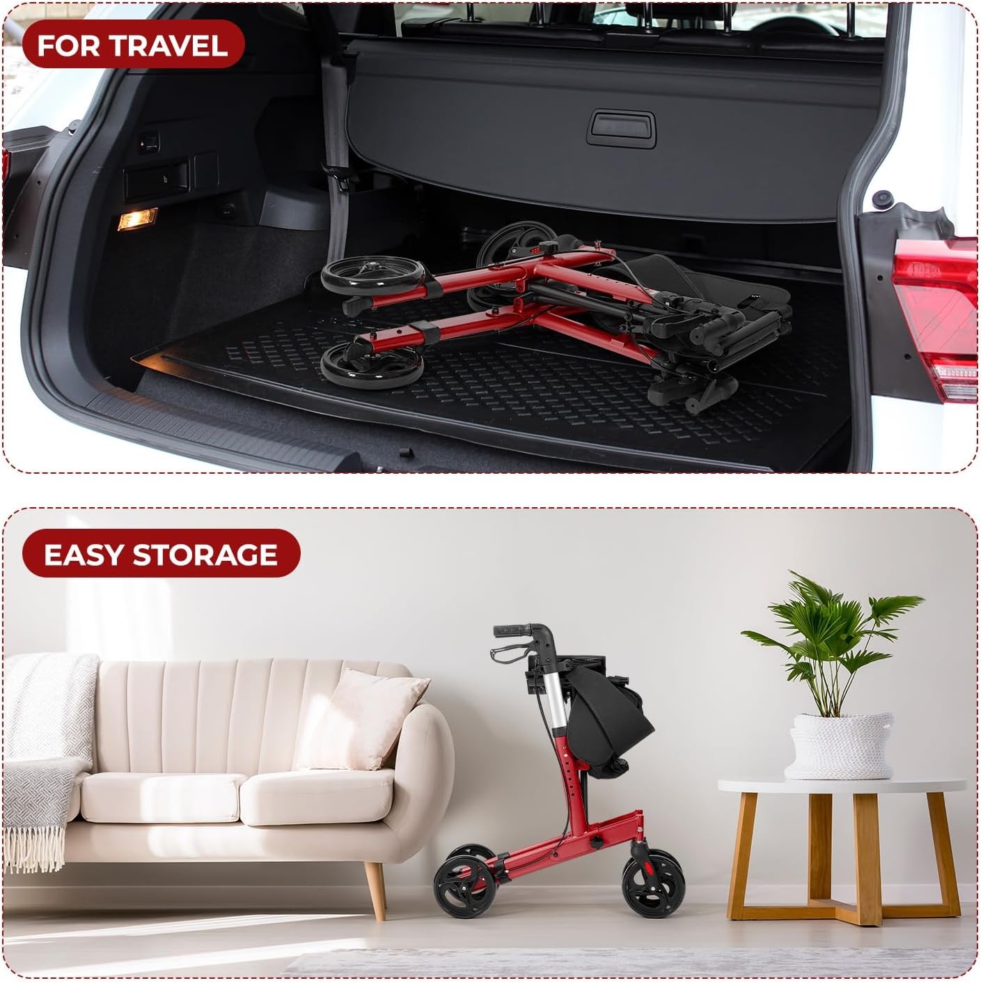 Lightweight Folding Rollator Walker 4 Wheel Seat Bag 300lb Red