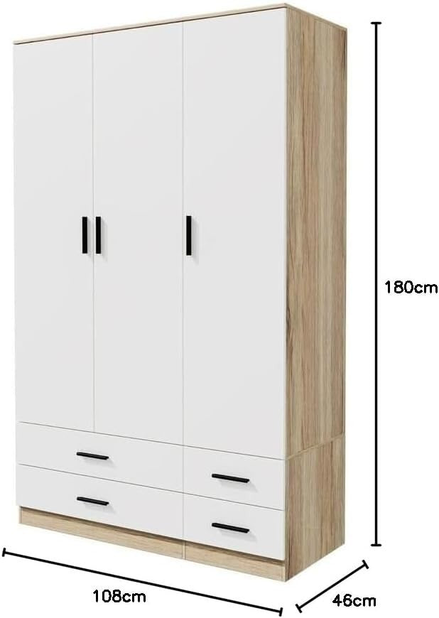 Oak & White 3 Door Wardrobe with 4 Drawers, Modern Bedroom Storage Unit