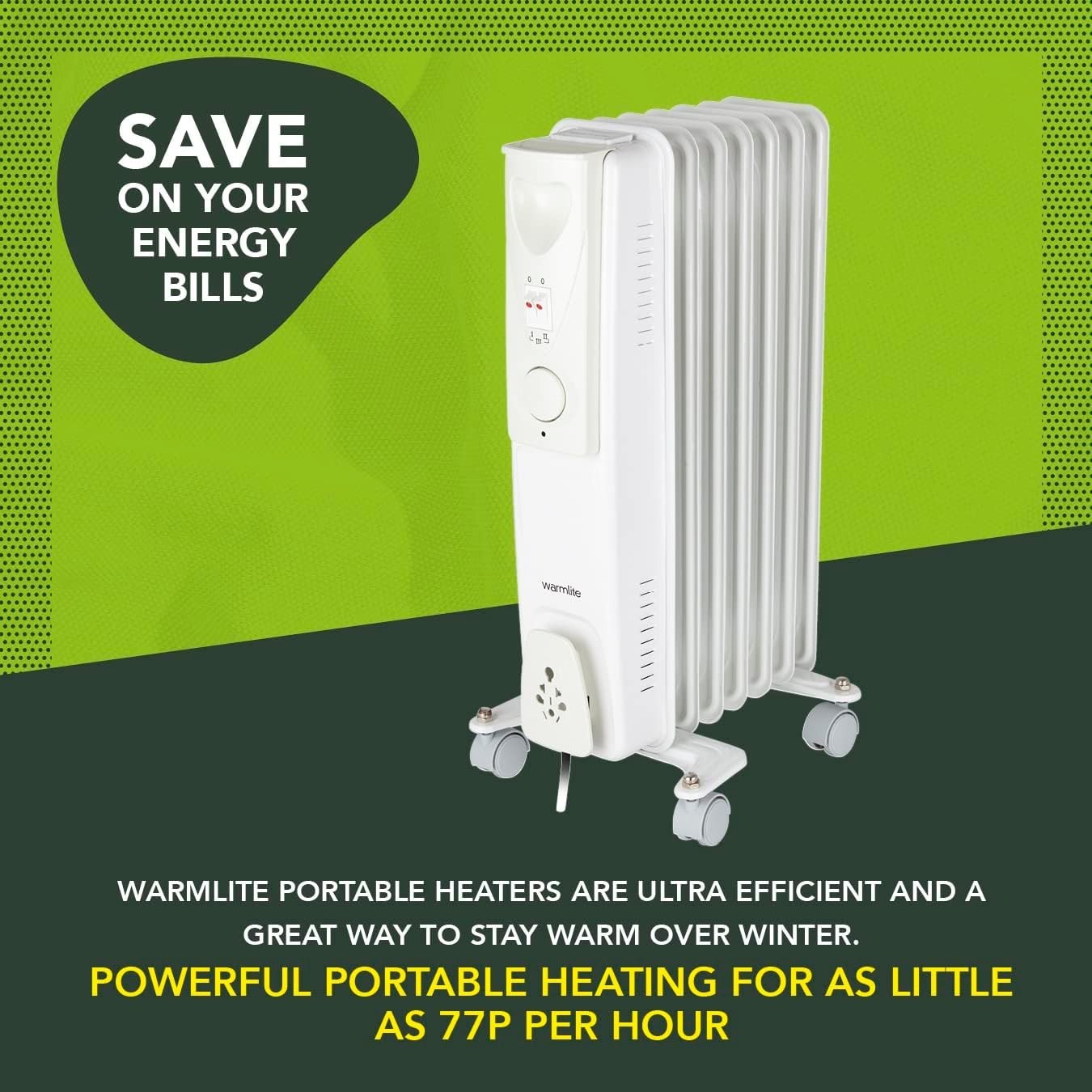 Warmlite WL43003YW 1500W Oil Filled Radiator with 3 power Settings and Adjustabl
