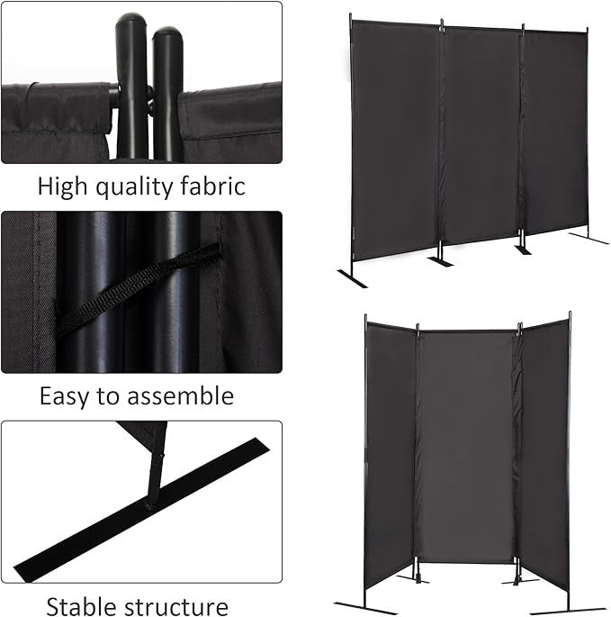 3 Panel Folding Privacy Screen 7FT – Black Freestanding Room Divider for Home