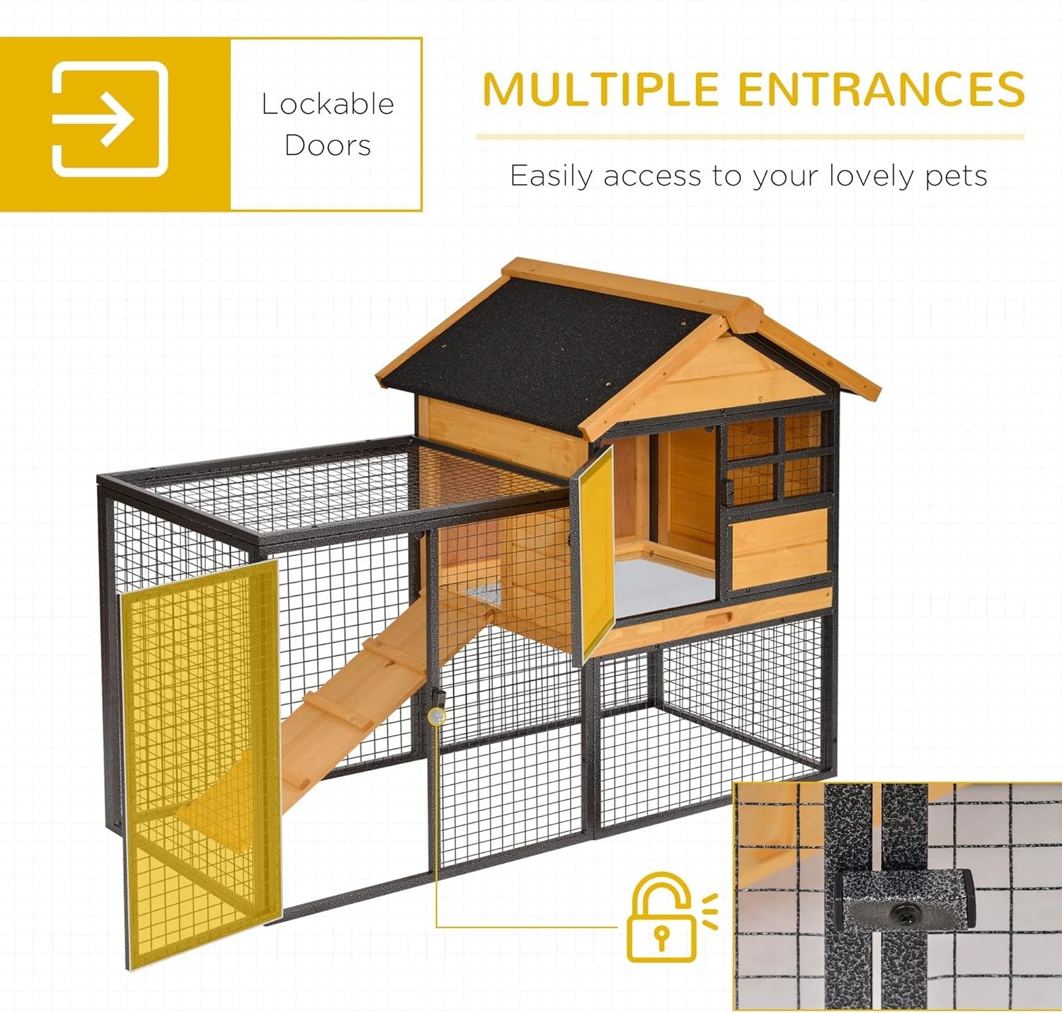 Outdoor Rabbit Hutch with Run Wooden Metal Cage Elevated Guinea Pig House
