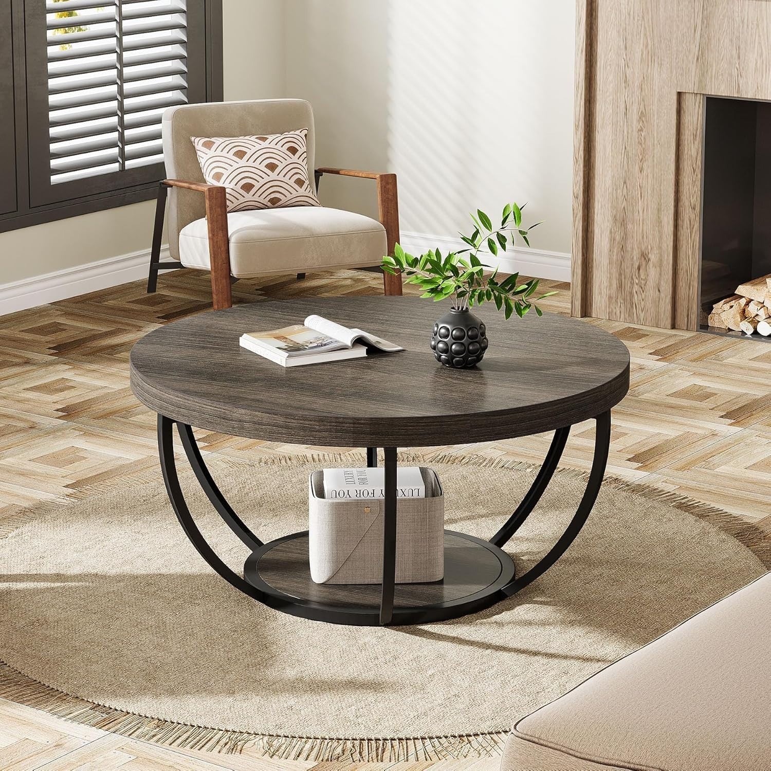 Round 2-Tier Coffee Table with Storage, Grey Wood Grain, 80.5x44cm