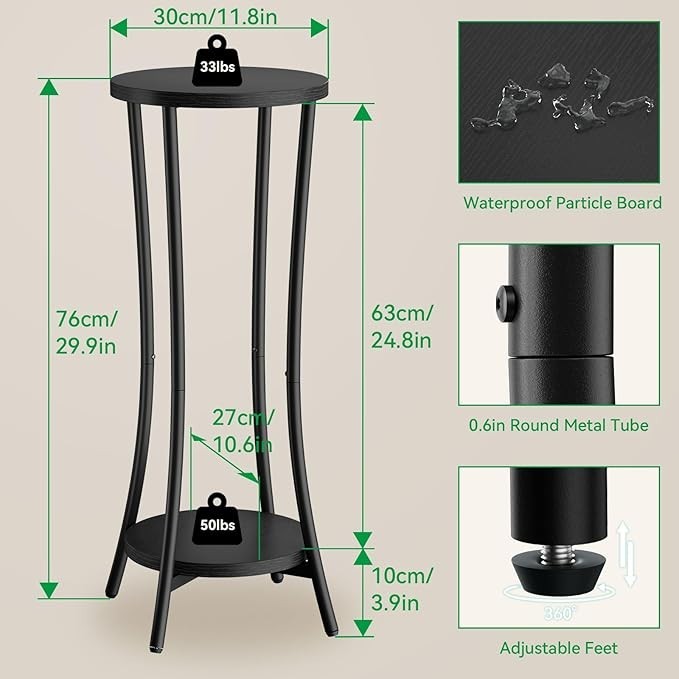 Tall 2 Tier Wood Plant Stand Indoor Corner Shelf Flower Pot Holder Modern Black