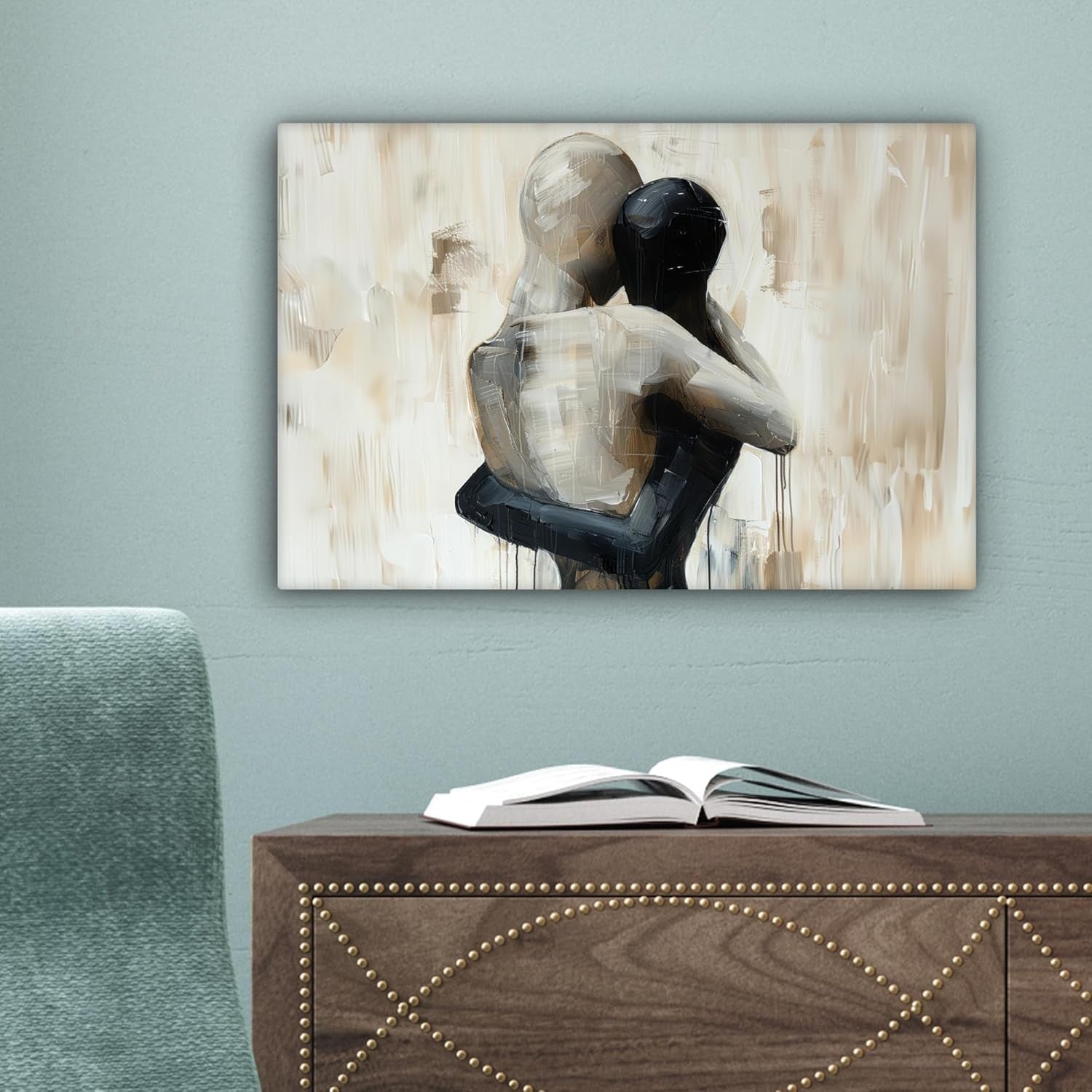 Abstract Couple Canvas Wall Art 30x20cm Beige Modern Print