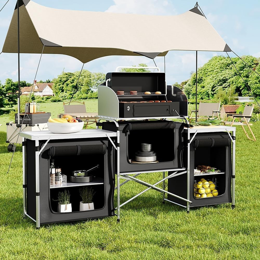 Outdoor Camping Kitchen Cupboard with 5 Shelves & Windshield Stove Table