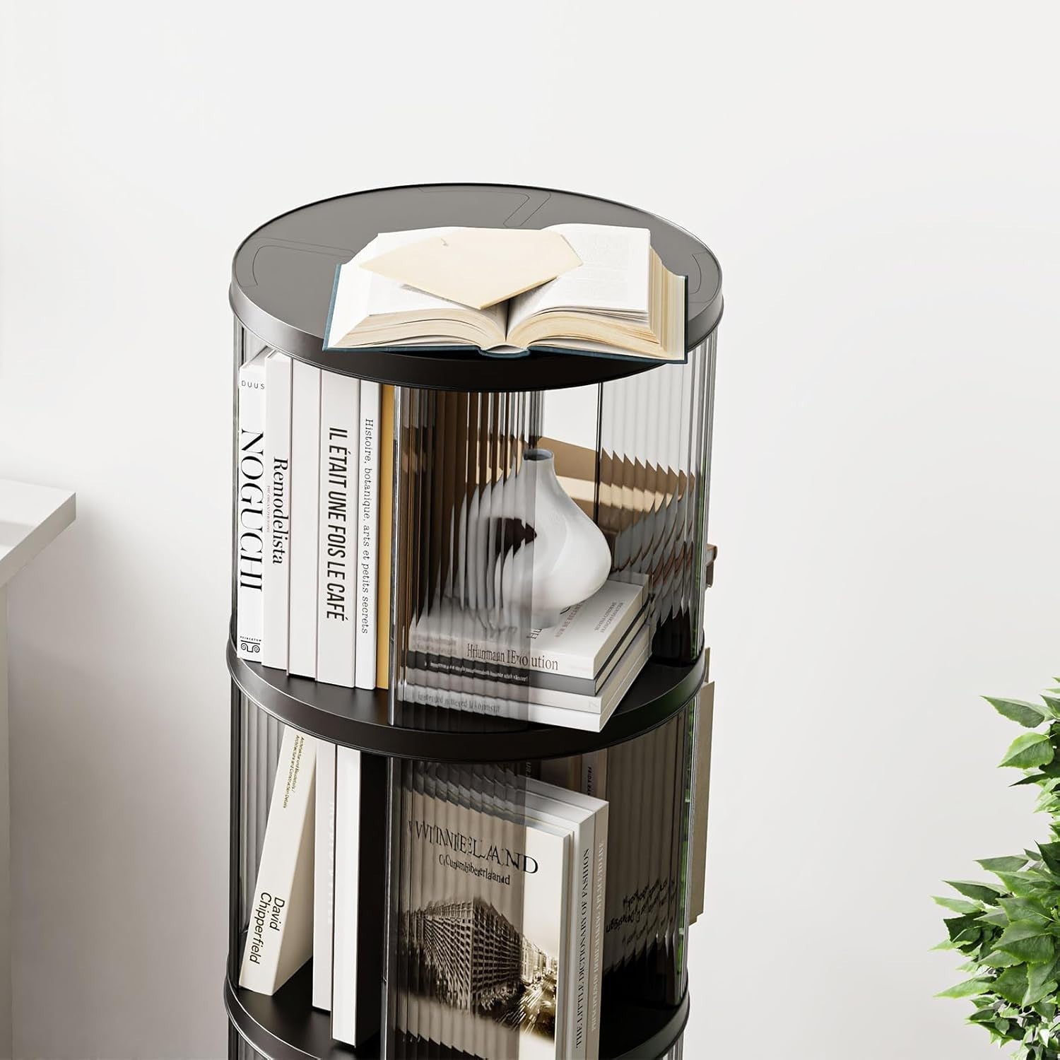 360° Rotating Round Plastic Bookshelf 4-Tier Space-Saving Floor Shelf