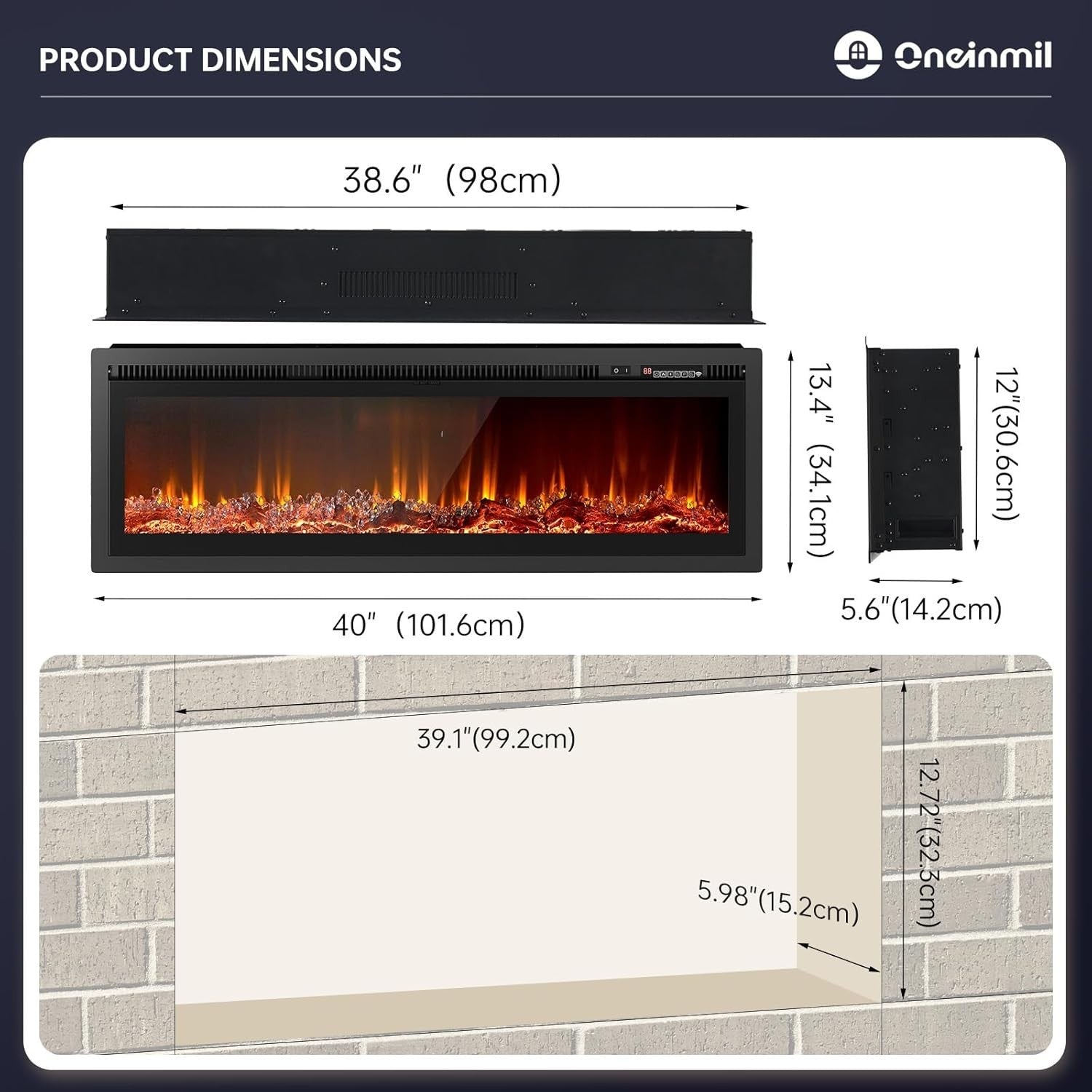 Electric Fireplace 40" Wall Mounted Heater WiFi LED Flame Remote Log Set