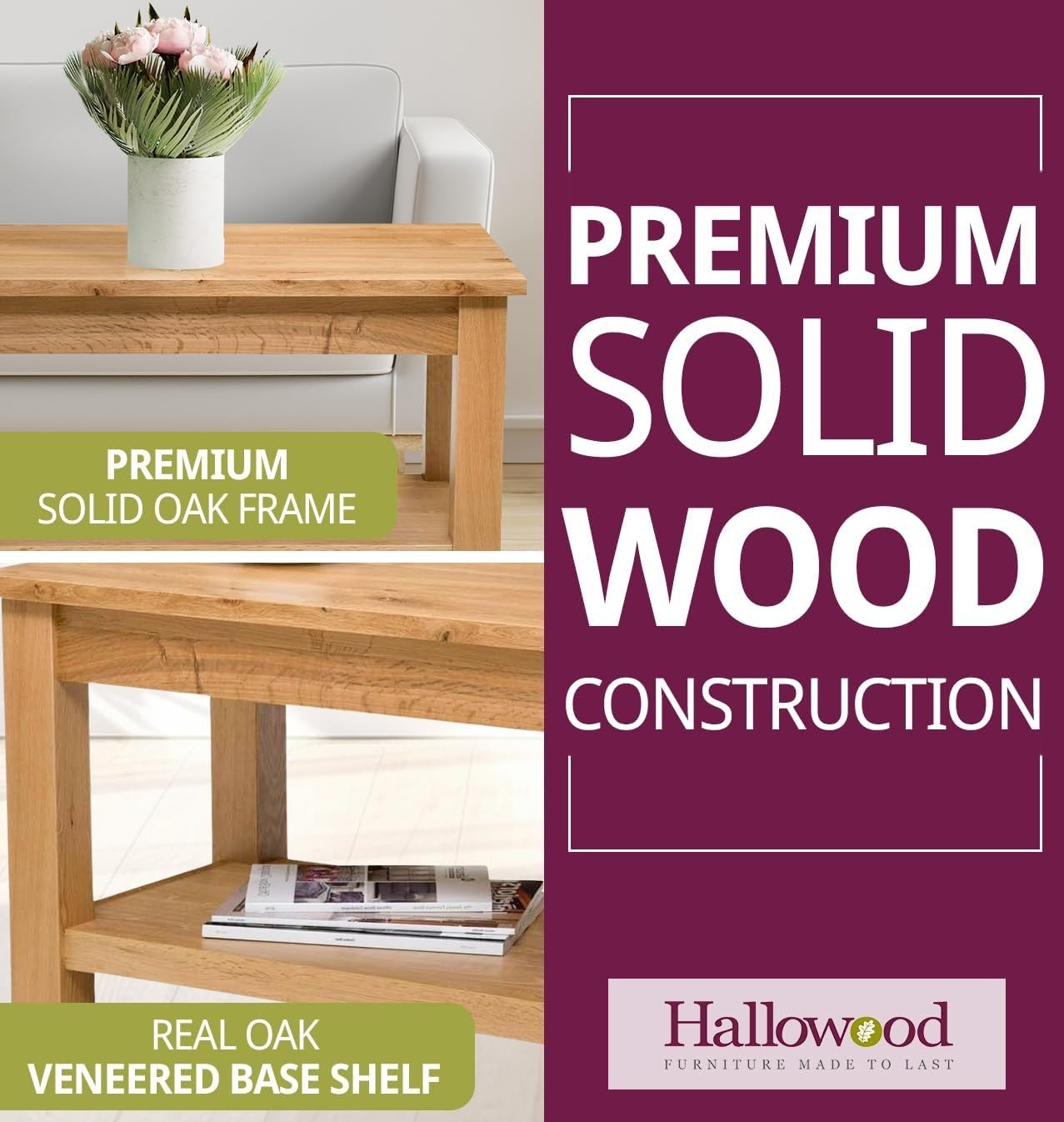 Large Solid Oak Coffee Table with Storage Shelf 90x45x45cm Durable Design