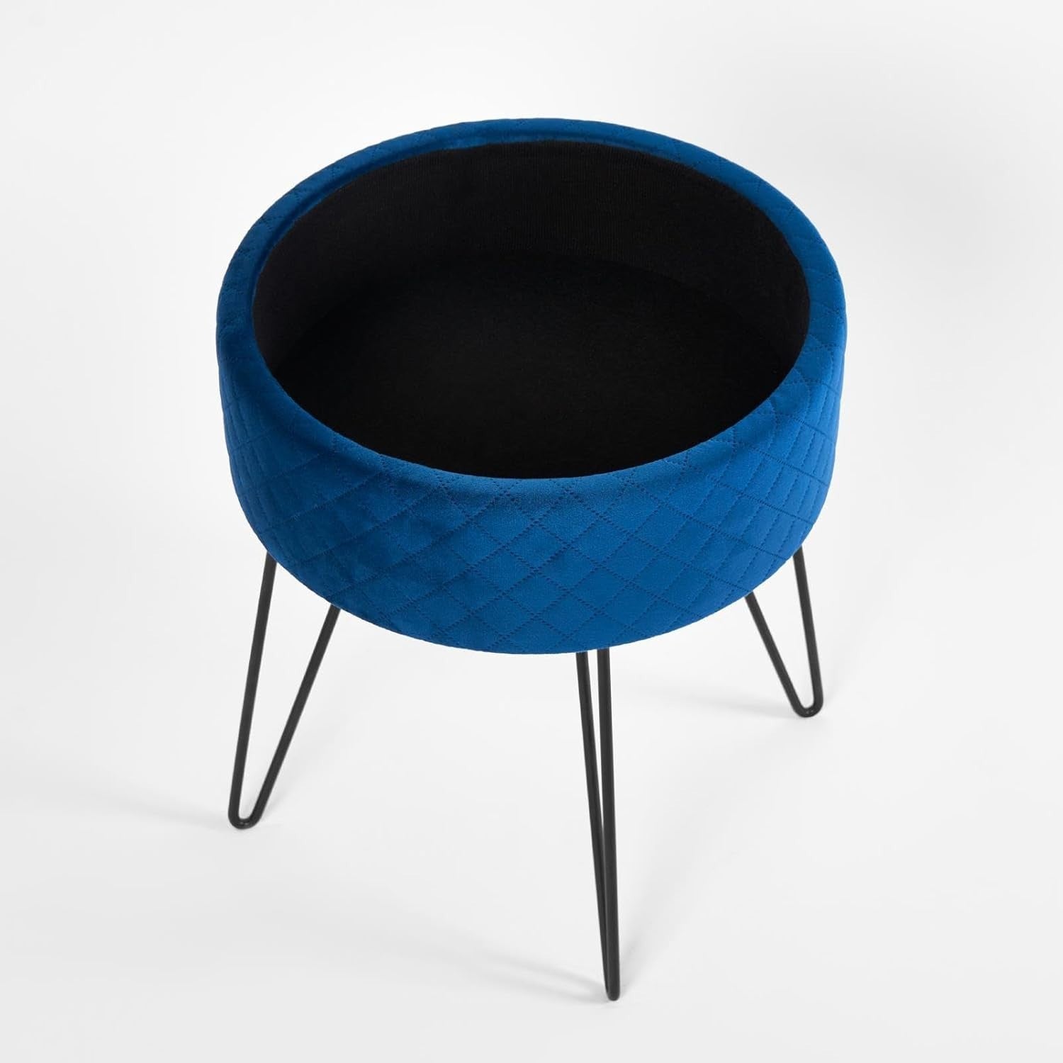 Navy Velvet Storage Stool Round Quilted Footrest Hairpin Leg Vanity Seat