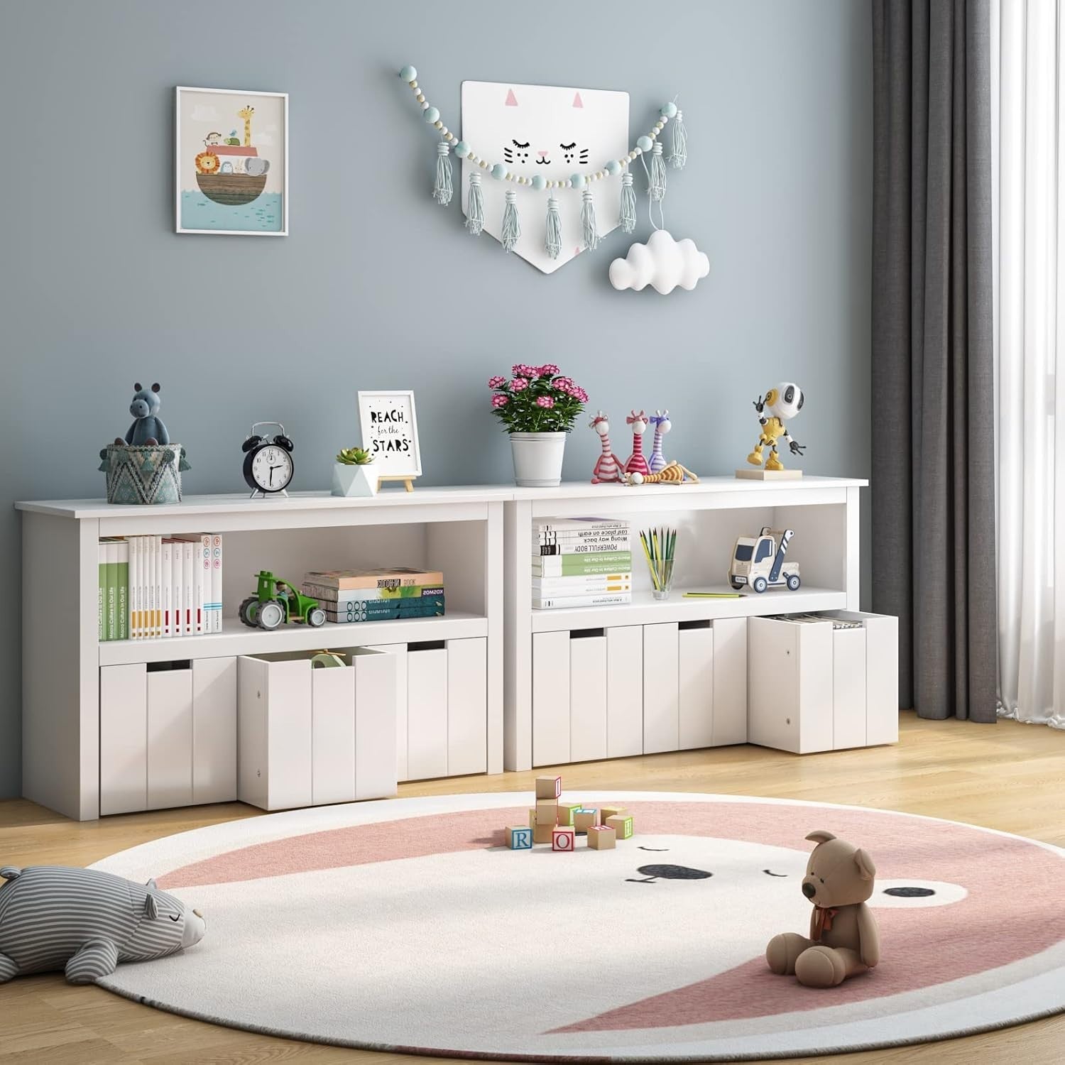 White Kids Toy Storage Cabinet w/ Wheels – 3 Drawer Bookcase 102x62cm