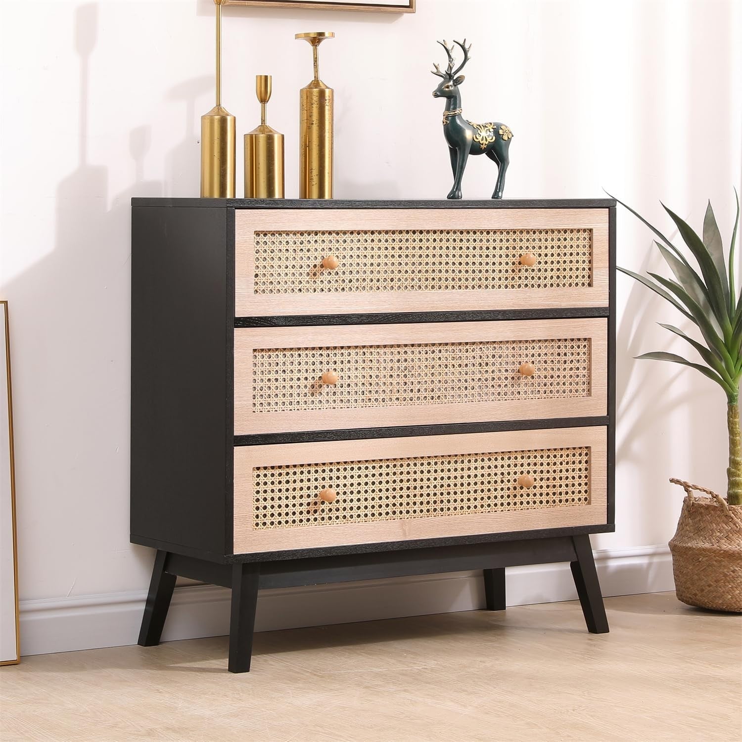 Black Frame Rattan Chest 3 Drawer Storage Cabinet Wood Dresser 80cm