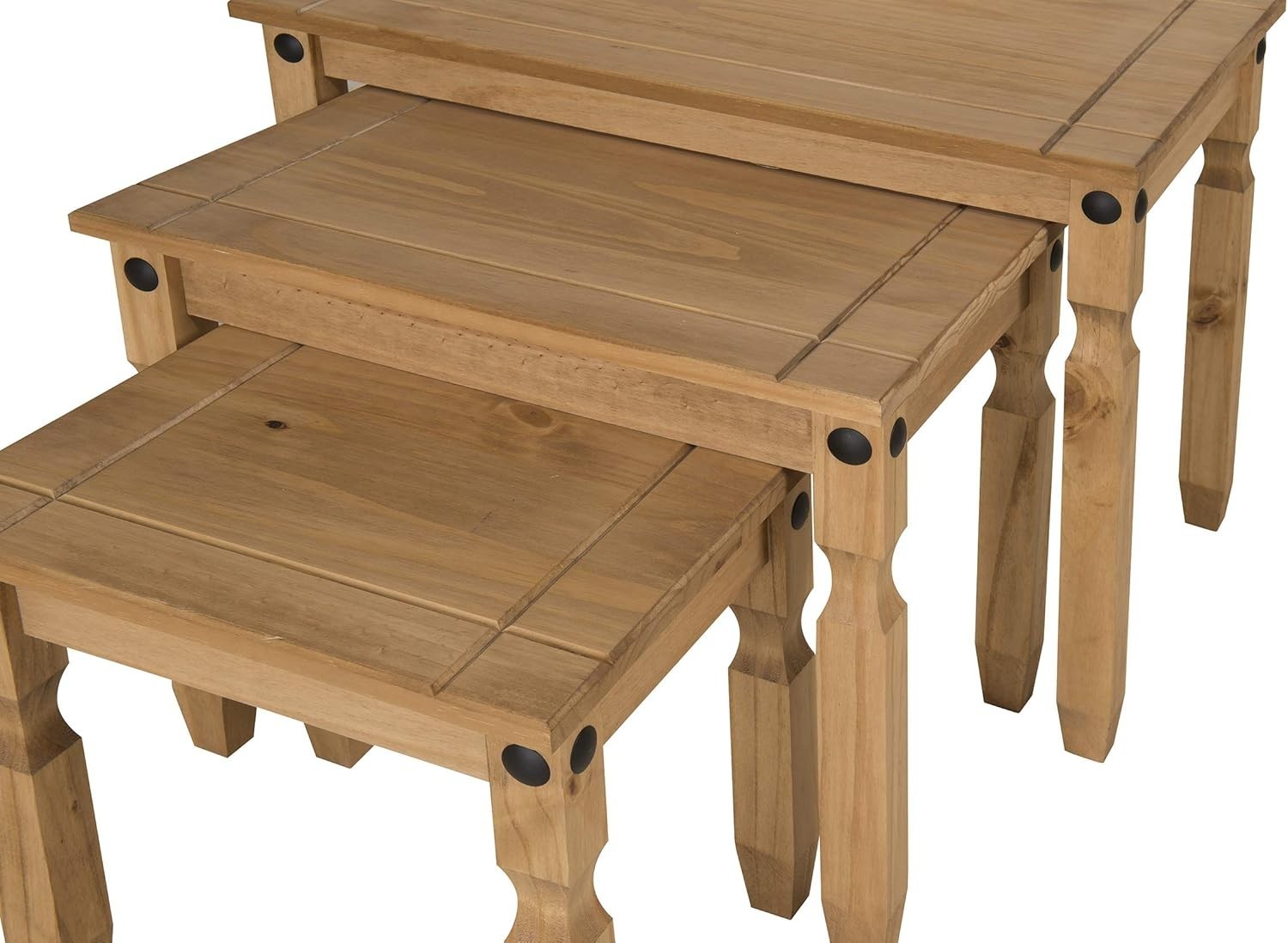 Solid Pine Wood Nest of 3 Tables Contemporary Waxed Finish Light Fiesta