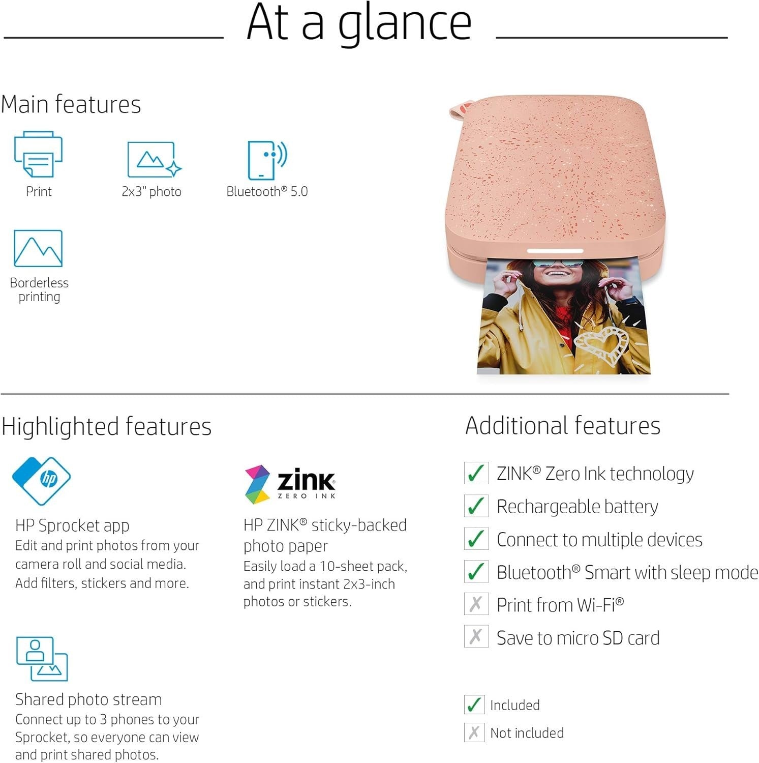 Portable Smartphone Photo Printer | 2x3 Wireless Color Prints | Pink