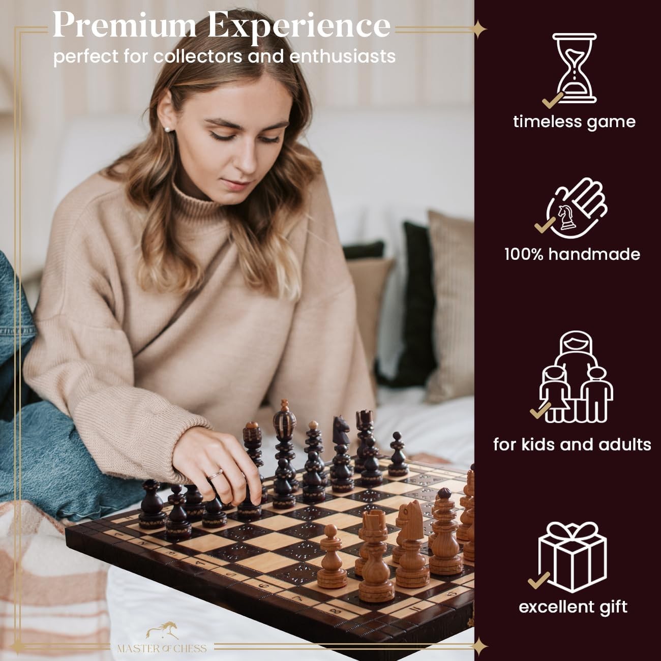 60cm Luxury Wooden Chess Set | Hand-Carved Metal & Wood Pieces | Premium Board