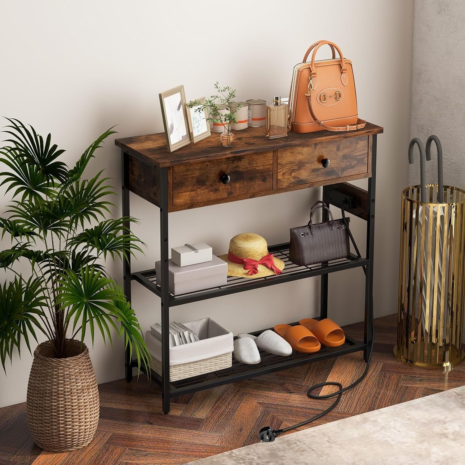 Rustic Console Table with Charging Station, Drawers & Metal Storage Shelves