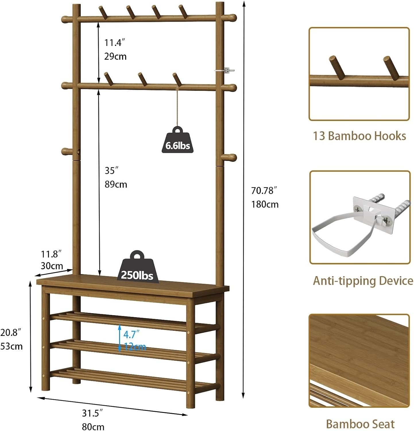6-in-1 Bamboo Hall Tree with Bench, Shoe & Coat Rack for Entryway Mudroom