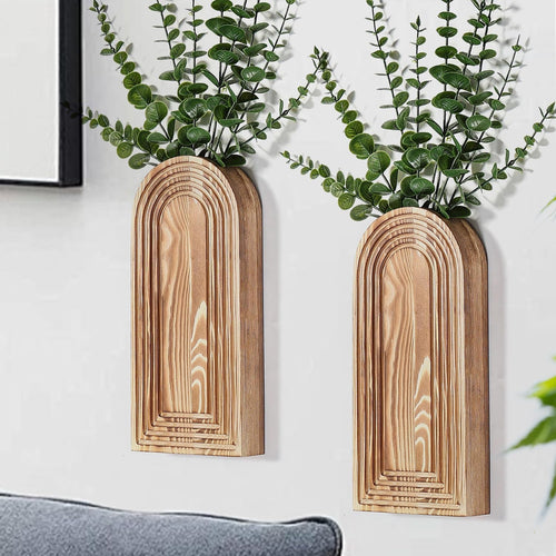 Modern Wall Wood Vase Set of 2 Brown Farmhouse Entryway Hanging Decor