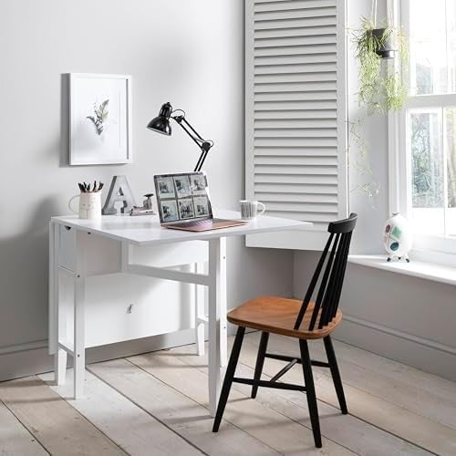 White Folding Dining Table Drop Leaf with Drawer Space Saving Small Dining