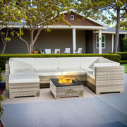 7-Piece Outdoor Rattan Sofa Set with Fire Pit Table - Weatherproof & Modular