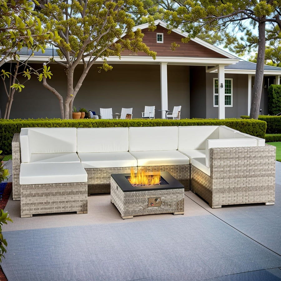 7-Piece Outdoor Rattan Sofa Set with Fire Pit Table - Weatherproof & Modular