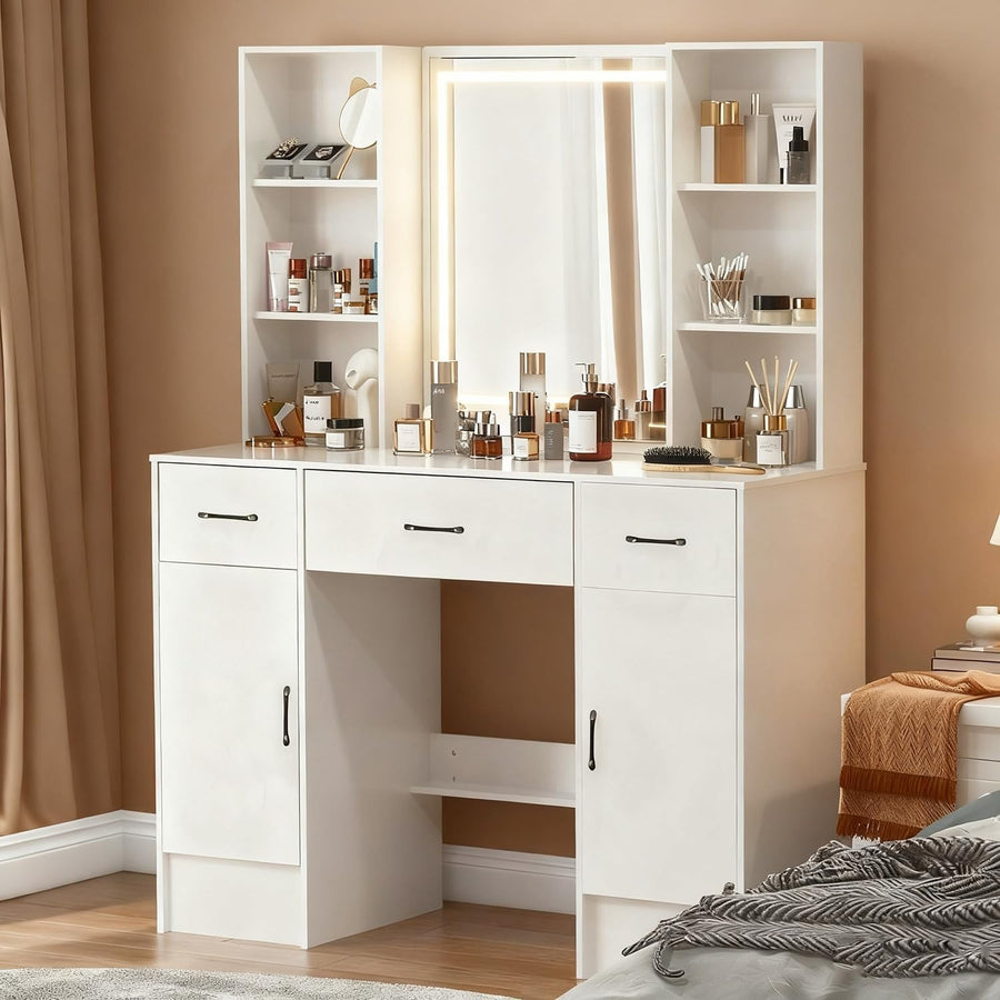 Vanity Makeup Dressing Table Desk Mirror 3 Drawers Stool LED Light White Wood