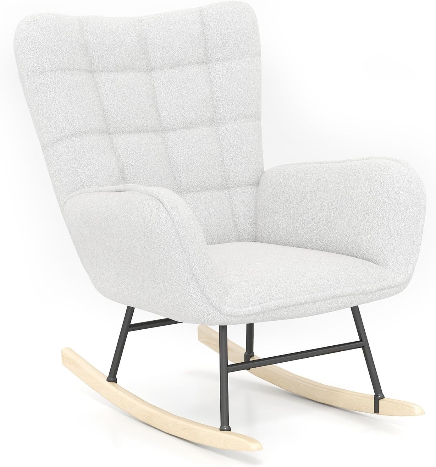 High Back Teddy Fleece Rocking Chair with Solid Wood Legs & Cozy Comfort