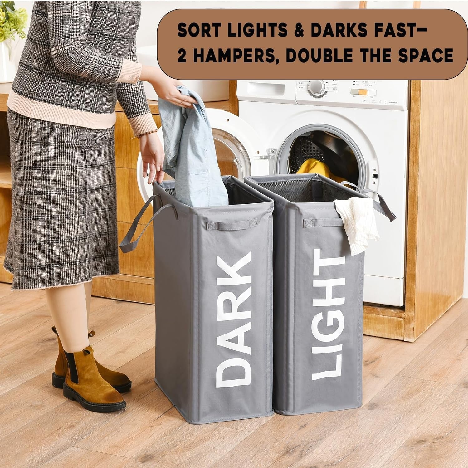 Slim Double Laundry Hamper Grey 63L Tall Basket with Handles & Foldable Design