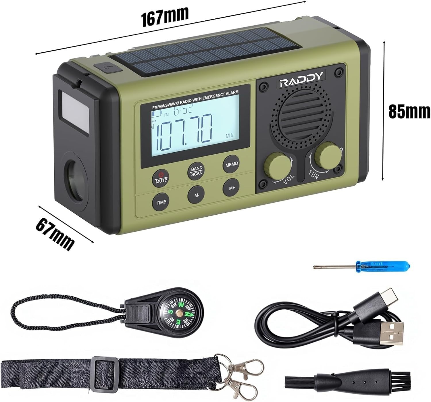 10,000mAh Emergency Hand Crank Radio Solar USB Flashlight Compass