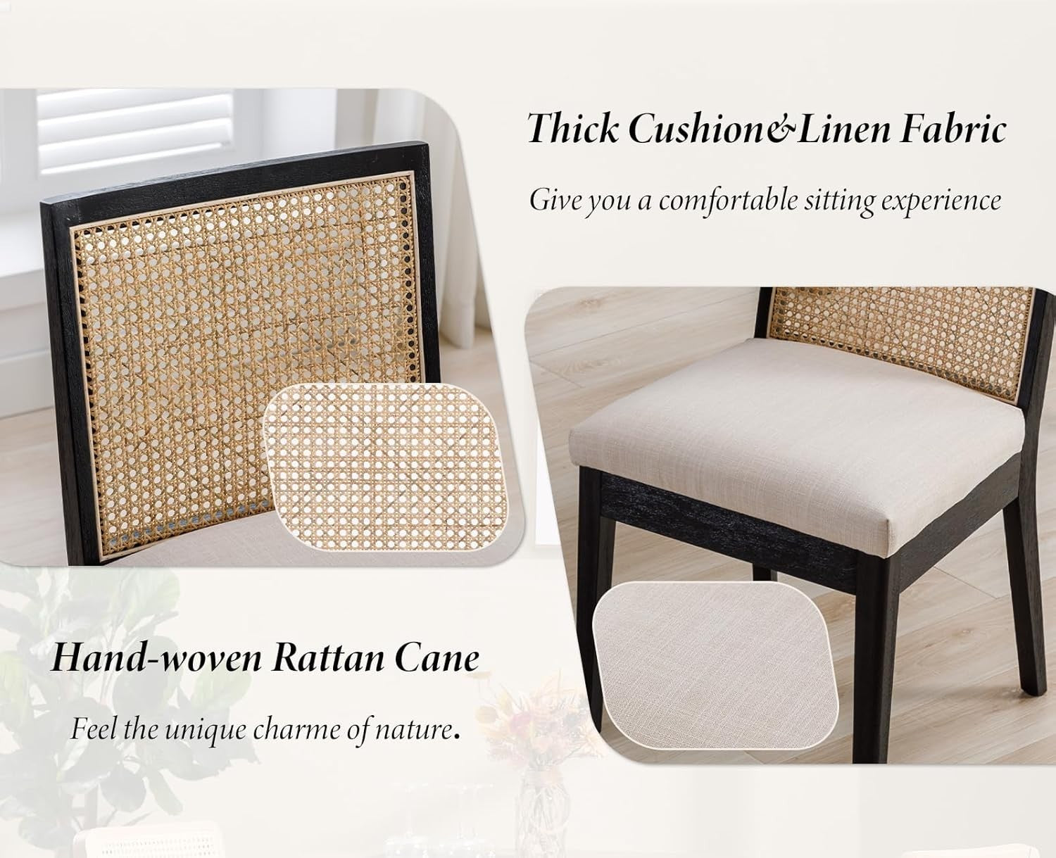 Set of 4 Black Rattan Dining Chairs Linen Seats Wooden Frame Modern