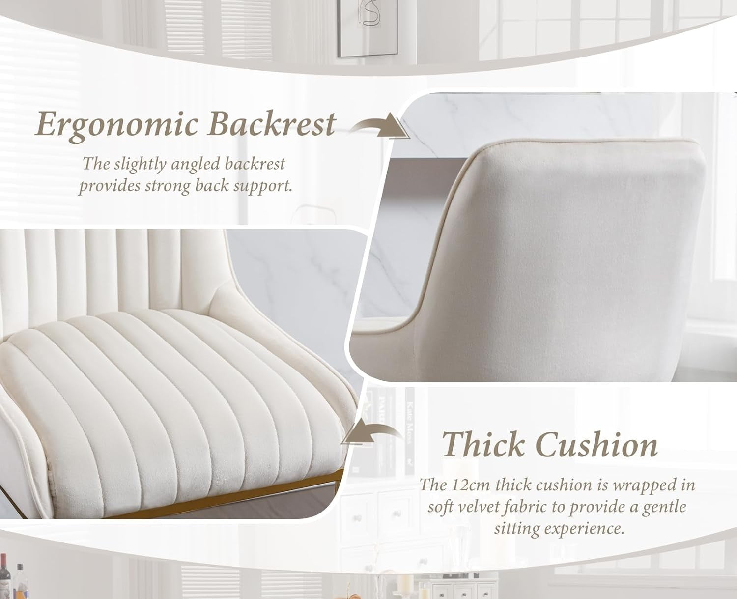 Bar Stools Set of 2 | White Fabric L-Shaped Counter Dining Chairs