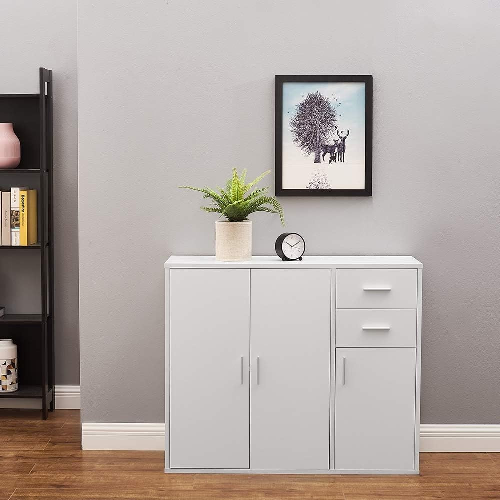 White Sideboard Cabinet with Drawers & Doors Modern Storage Cupboard 100cm