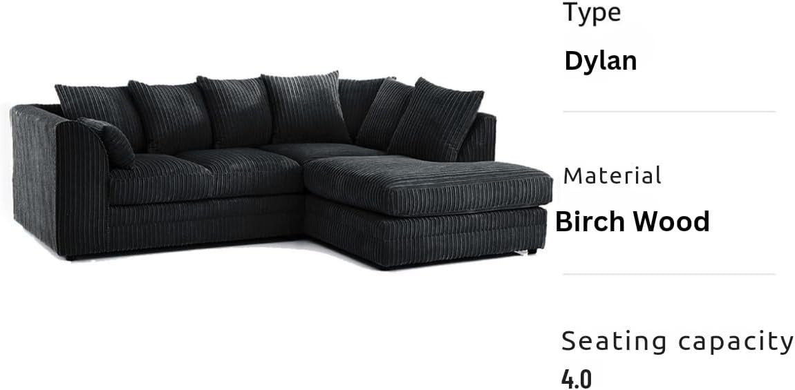 Black Jumbo Cord 4-Seater Right Hand Corner Sofa | Soft Cushions & Durable