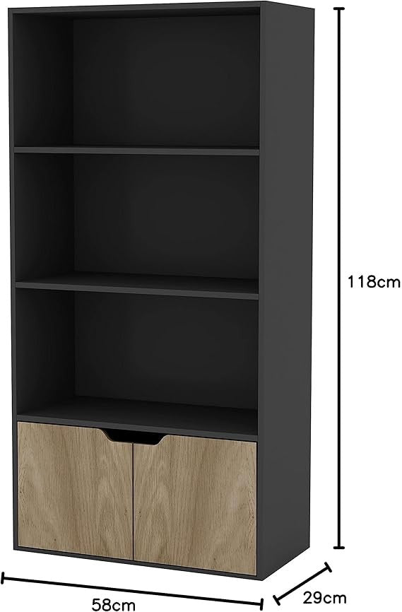 Modern 4-Tier Wide Bookcase with Storage Cupboard – Black & Oak Shelf Unit