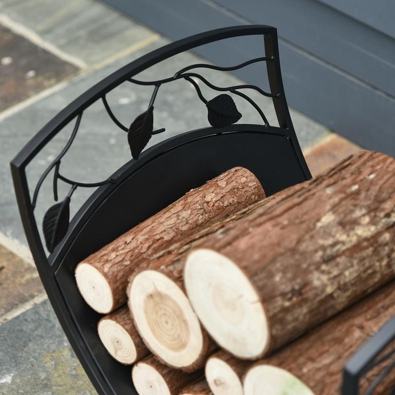 Indoor Outdoor Arced Log Holder Rack – Metal Firewood Storage Stand Black