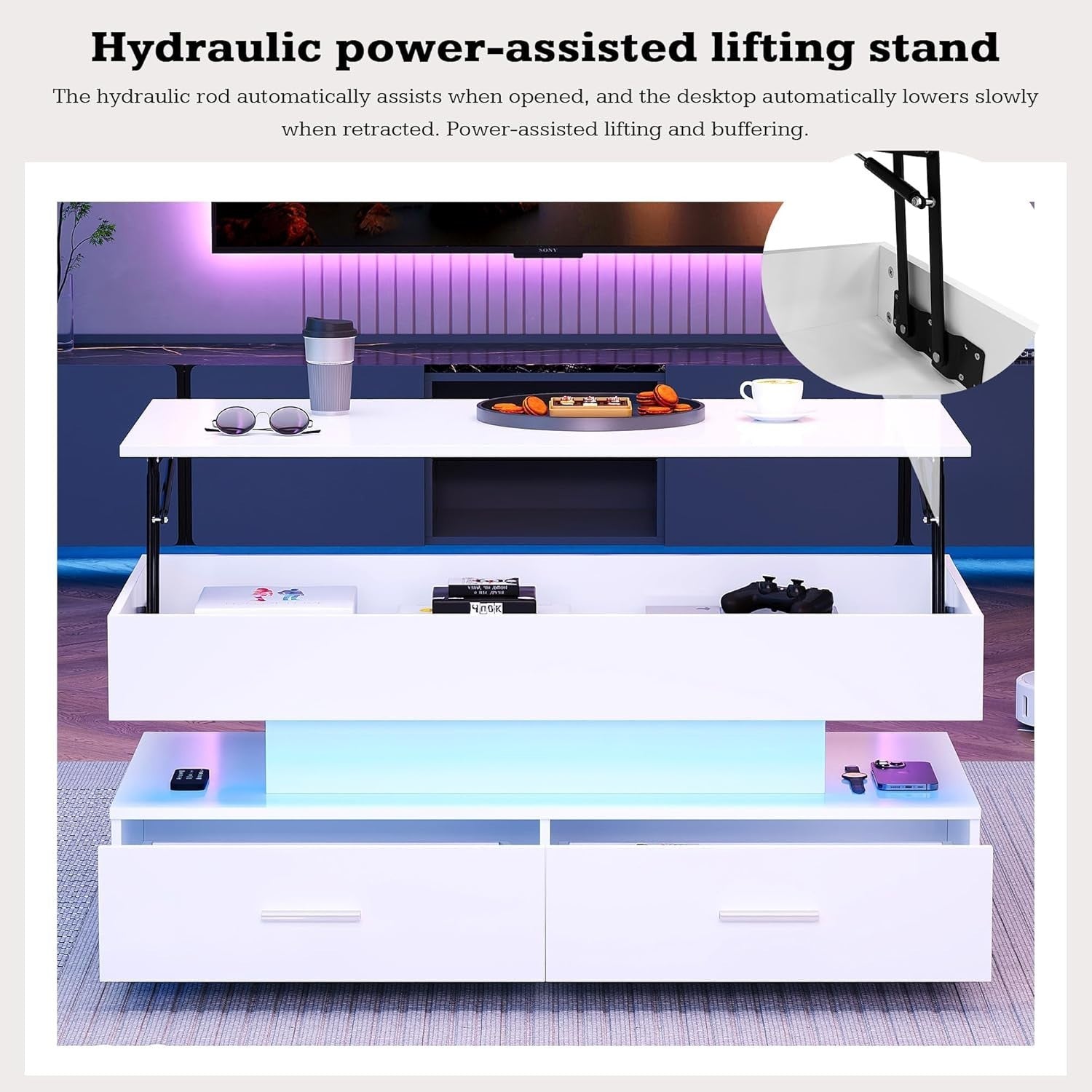 LED Lift Top Coffee Table with Storage Drawers, RGB Lights, Modern White