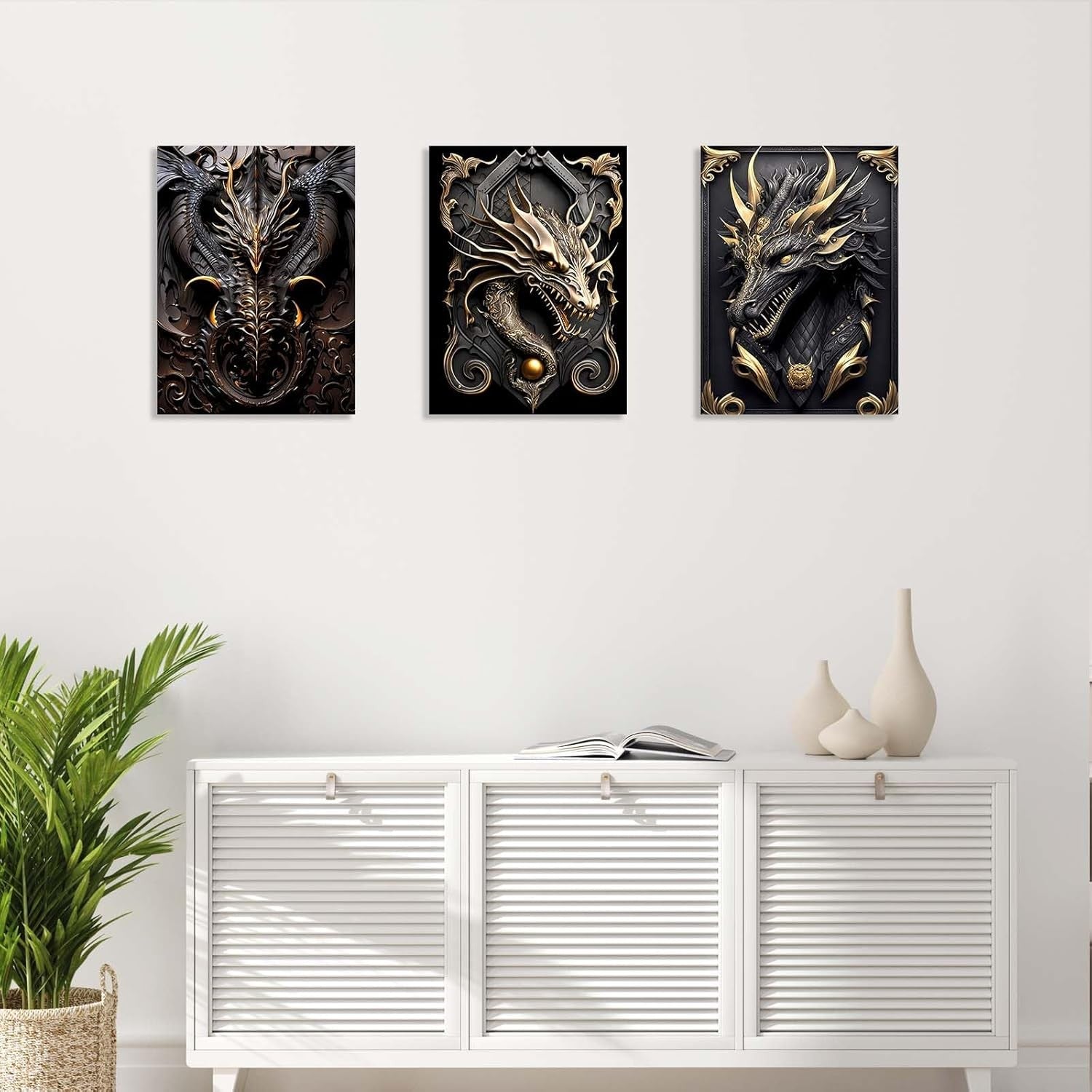 Set of 3 Dragon Canvas Wall Art 12x16 Framed Black Gold Fantasy Decor