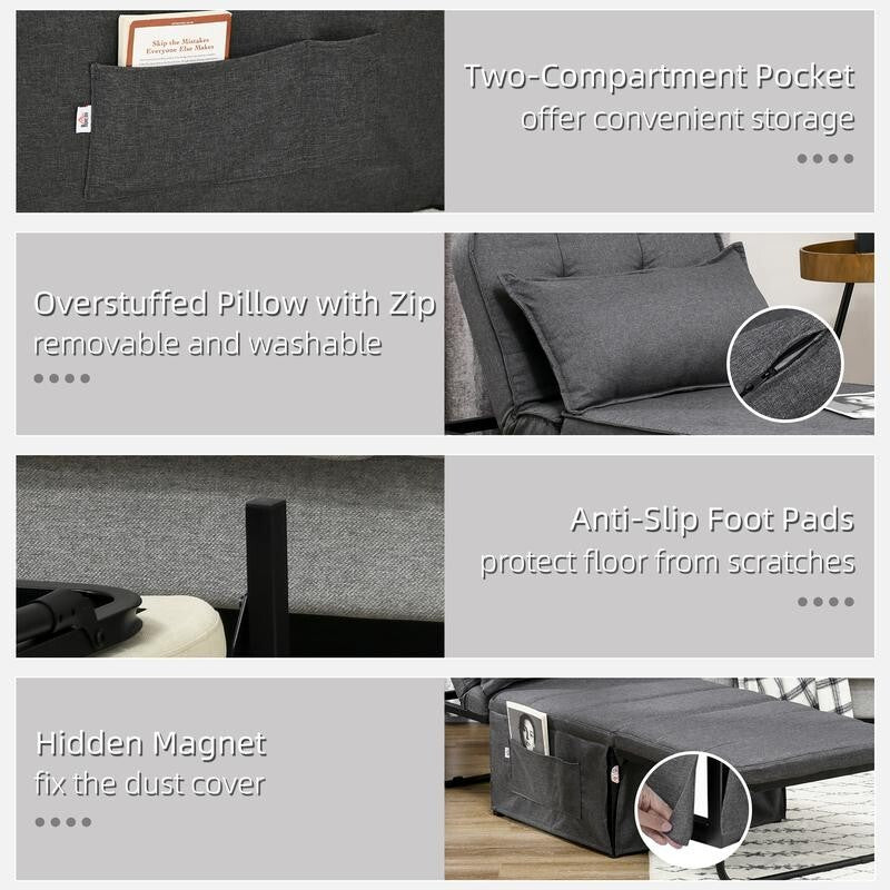 4 in 1 Folding Chair Bed Armchair Sleeper Ottoman Recliner w/ Pillow Grey