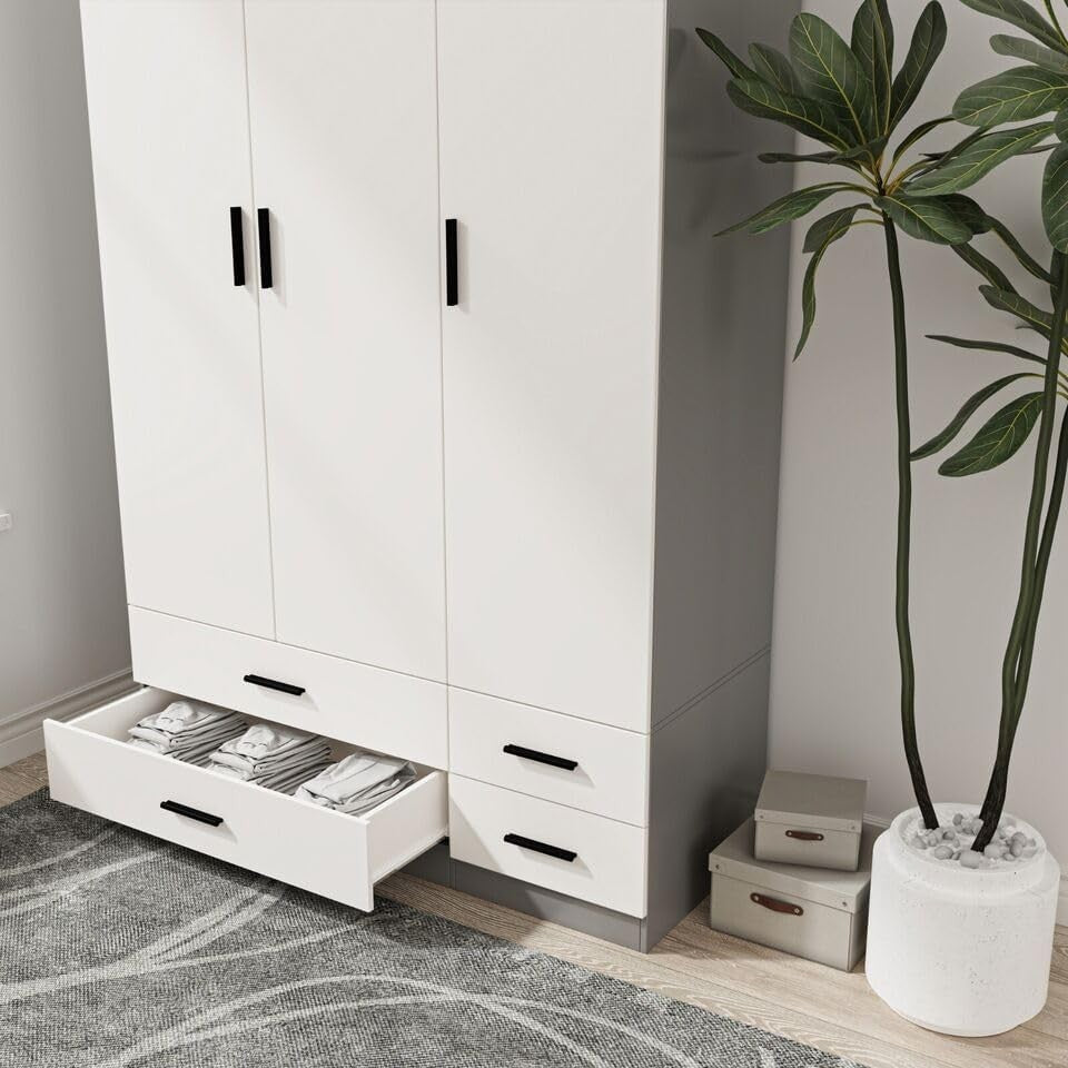 3 Door Wardrobe Grey White 4 Drawer Bedroom Storage Cupboard Hanging Rail