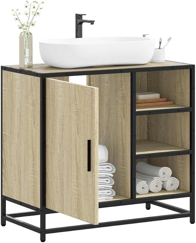 Sonoma Oak Bathroom Sink Cabinet 65x33x60cm Under Basin Storage Unit Shelves