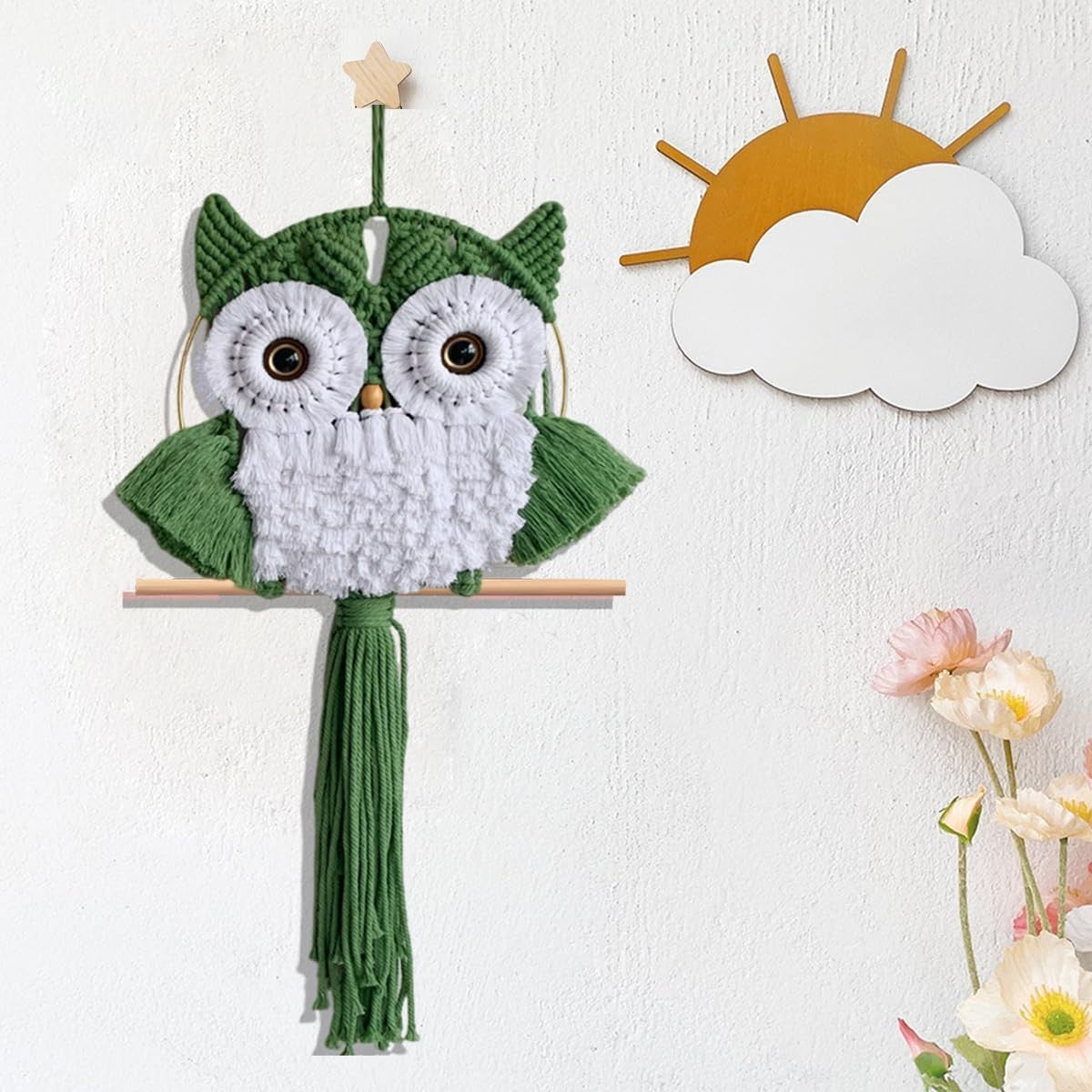Avocado Green Macrame Owl Wall Hanging Boho Fiber Art Decor
