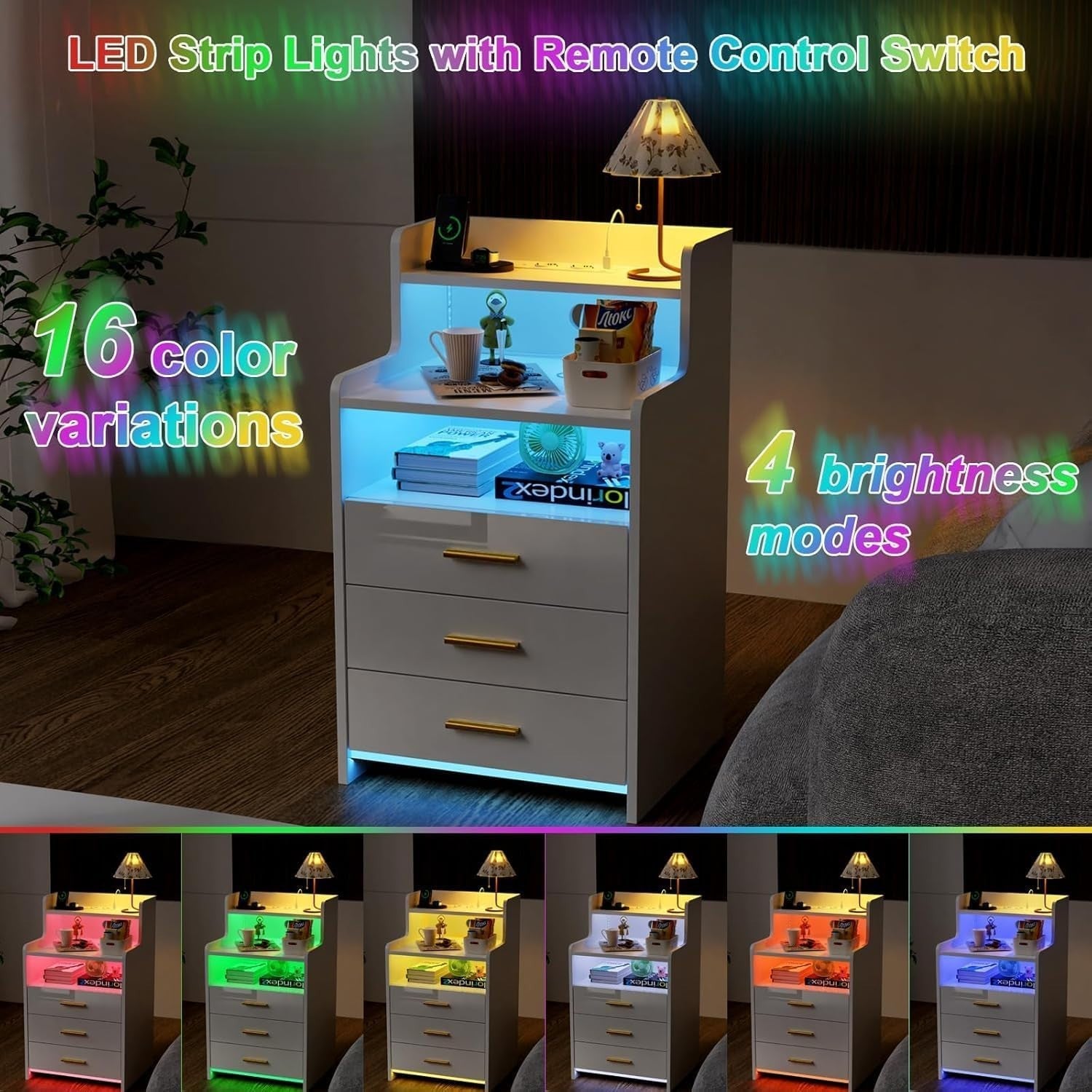 Modern LED Bedside Table with USB Charging, 3 Drawers + Shelf