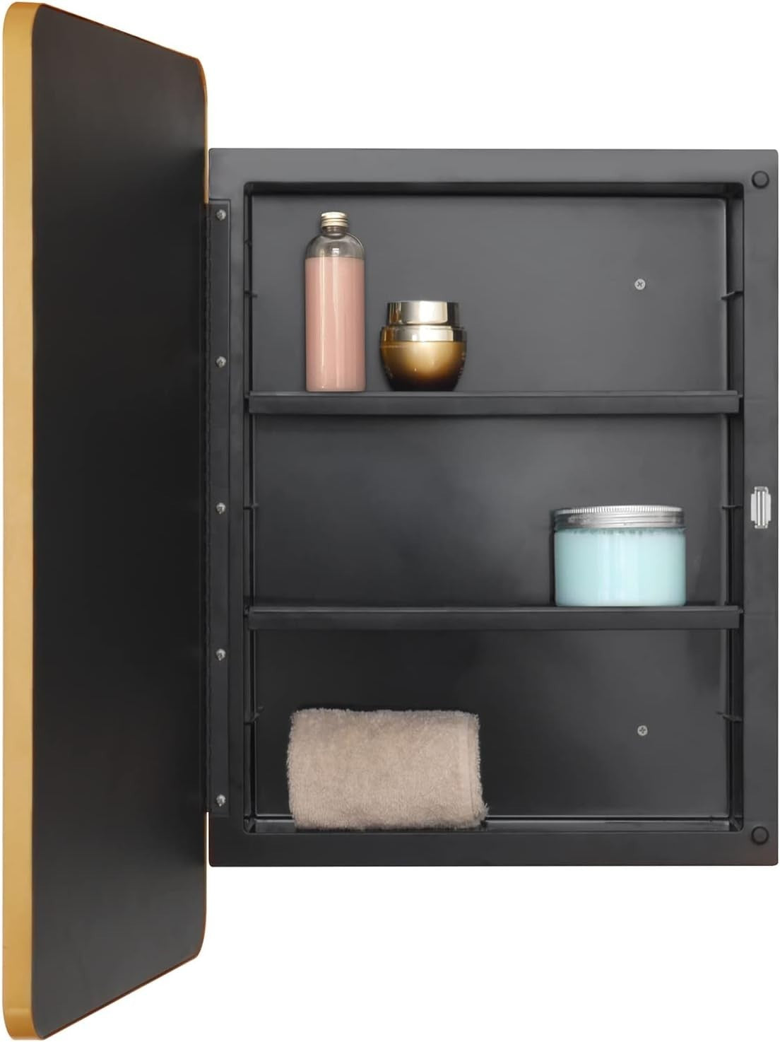 Wall-Mounted Plastic Mirror Cabinet with Adjustable Shelves & Golden Frame