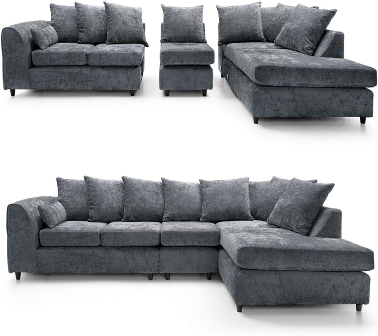 Charcoal Grey RH Corner Sofa – 5 Seater L Shape Chenille Couch with Footstool