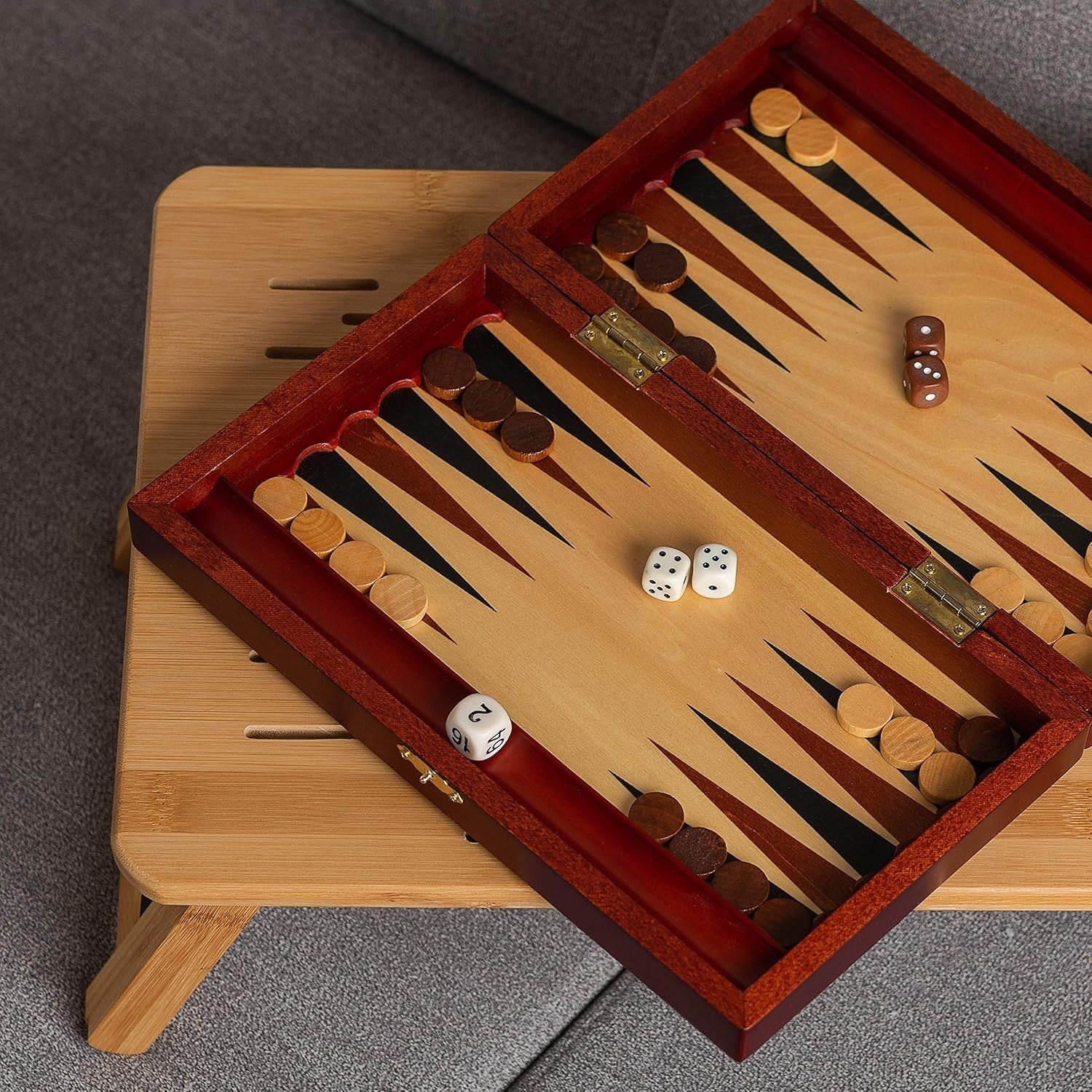 Classic Wooden Backgammon Set Compact Board Game with Dice Cups Case