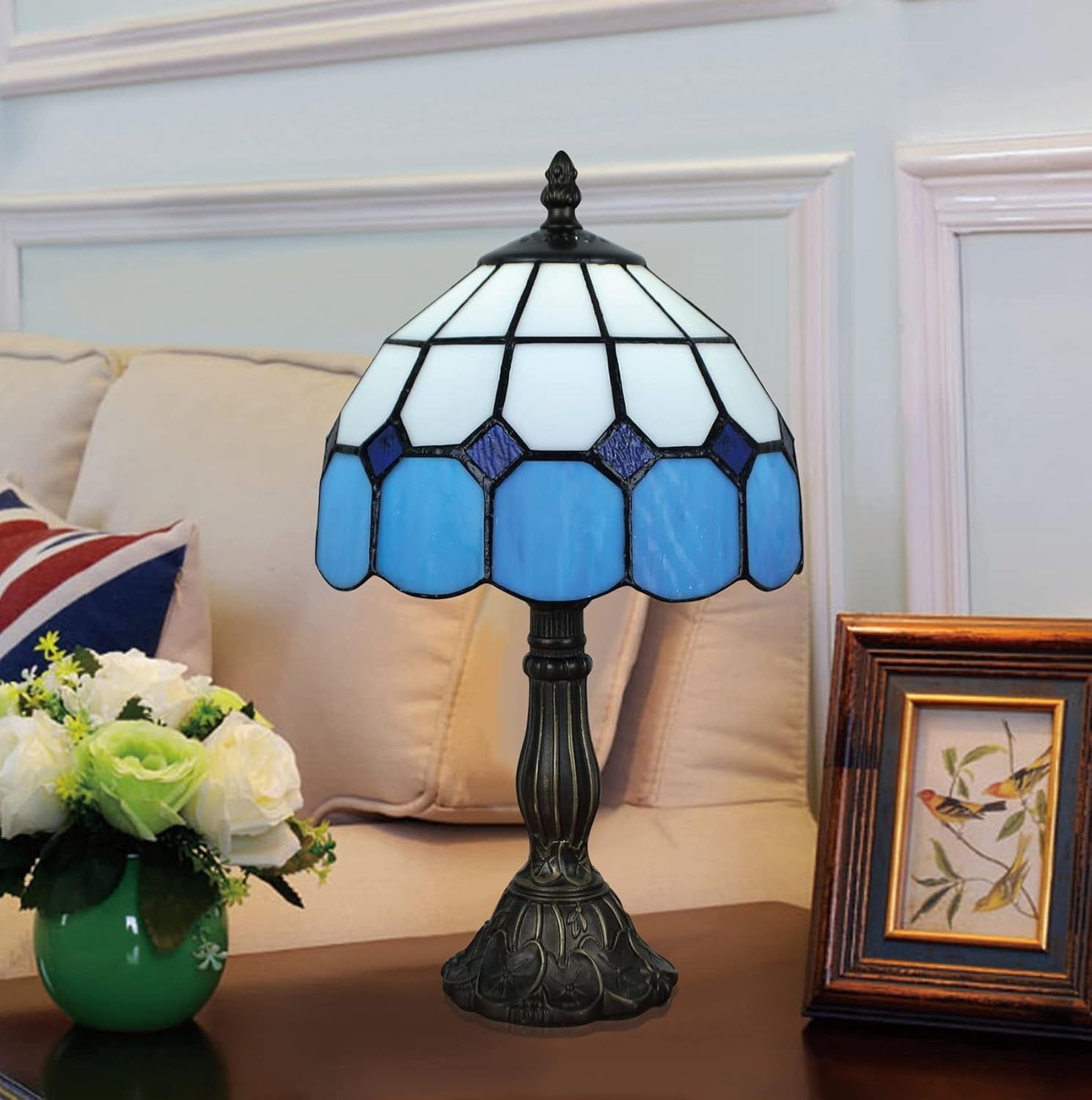 8" Tiffany Style Blue Stained Glass Table Lamp Bedside Night Light